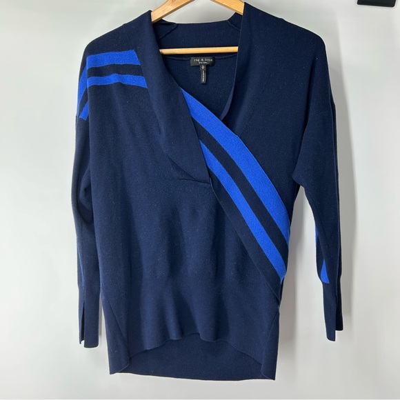 rag & bone Sweaters - rag & bone Deep Blue V-Neck Sweater with Stripes